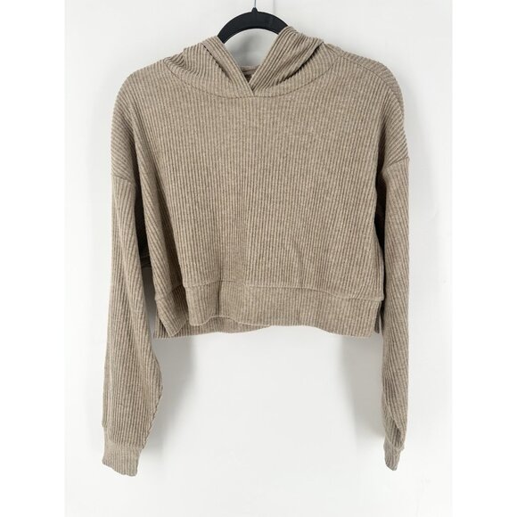 Alo Yoga Muse Hoodie Gravel Heather Crop Ribbed Relaxed Soft Womens S EUC - Picture 1 of 8